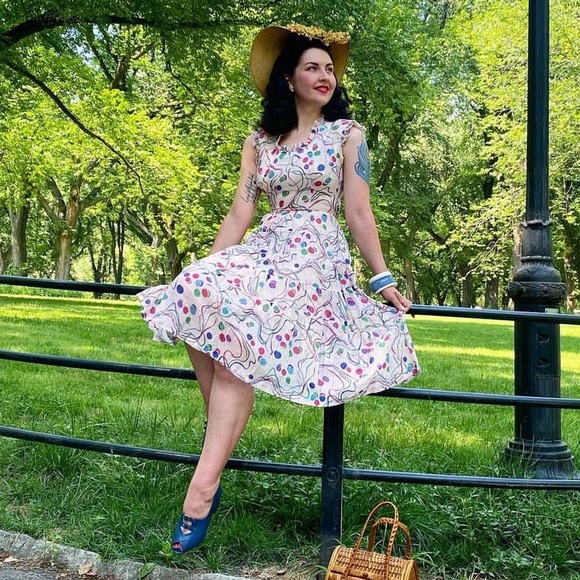 40s VTG Confetti Novelty Print Dress - Picture 3 of 12